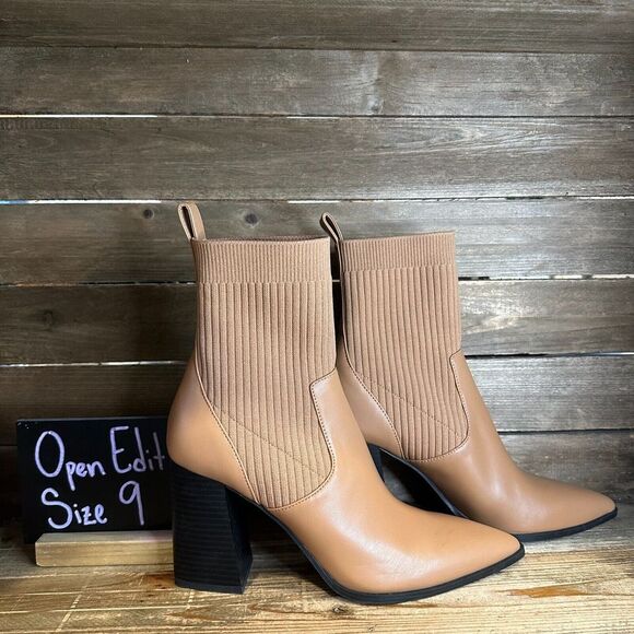 Open Edit Shoes - New Womens‎ Open Edit Rafael Tan Faux Leather Stretch Block Boots Booties Size 9